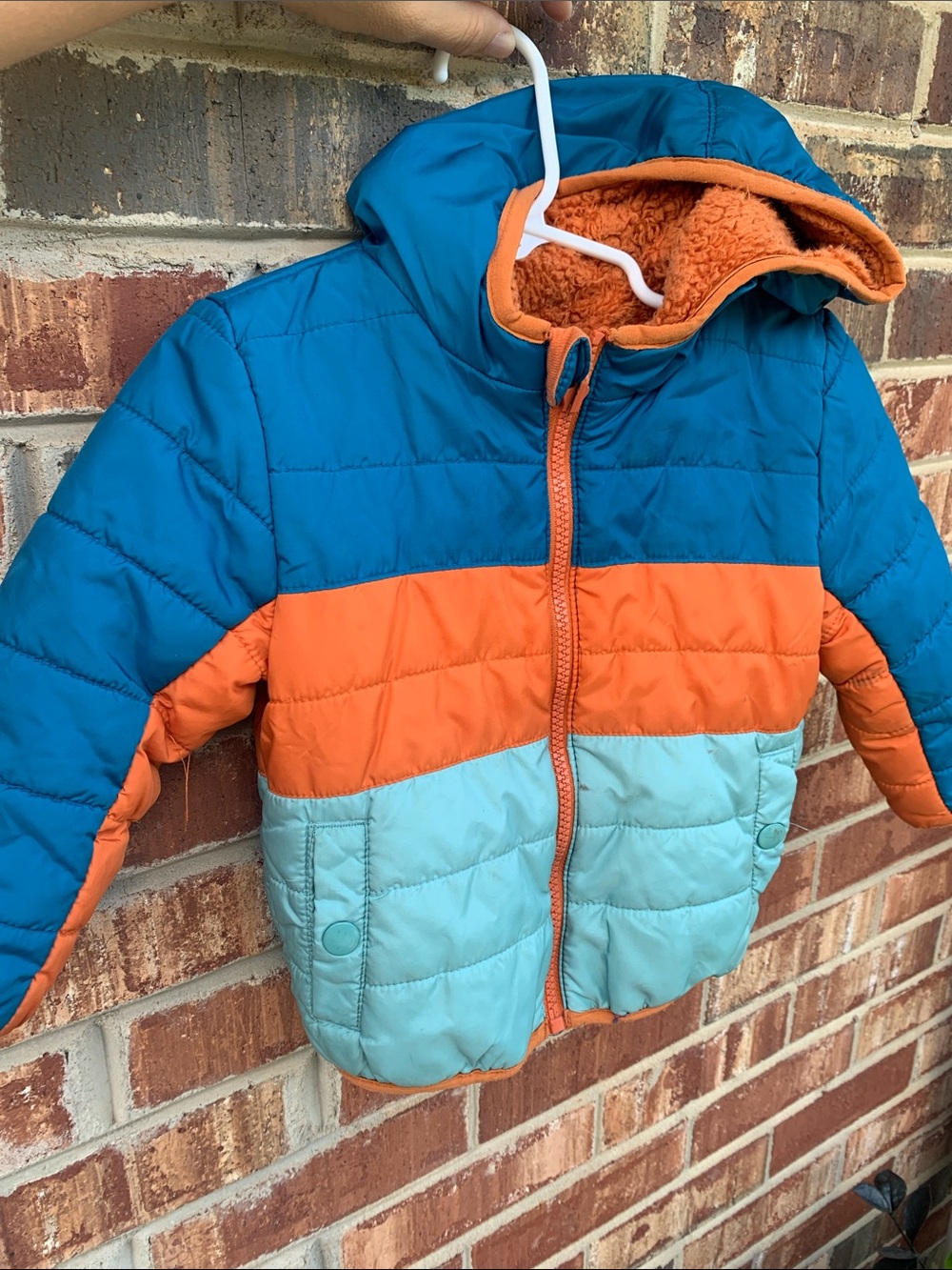 Kids Colorblock Puffer Jacket in Blue, Orange & Light Blue
